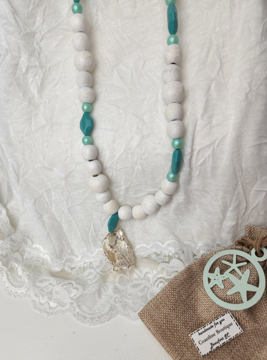 Coastal Wood Beaded Necklace OYSTER Shell Jewelry on Hemp Cord Long Ne –  Coastline Boutique- Beaufort, SC