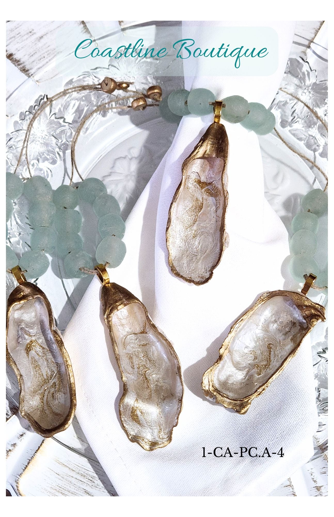 Artisan Glass Bead Edition: Hand-Painted Oyster Shell Napkin Rings - Clear Aqua Glass Beads (Set of 4 or 6)