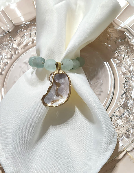 Oyster Shell Napkin Glass Bead Rings - Metallic Pearl/White/Gold w/Clear Aqua Glass Beads