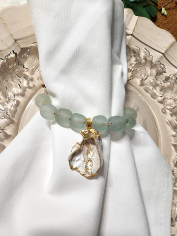 Oyster Small Shell Napkin Glass Bead Rings - Metallic Pearl/White/Gold w/Clear Aqua Glass Beads