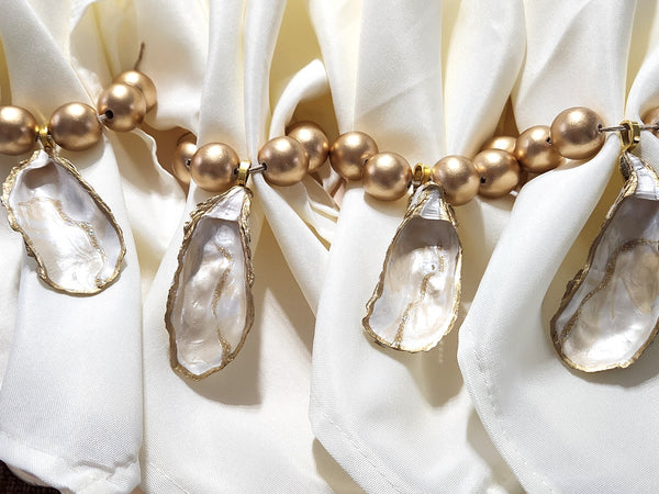 Oyster Shell Napkin Gold Wood Bead Rings - Champagne Pearl White Gold