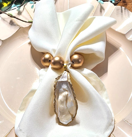 Oyster Shell Napkin Gold Wood Bead Rings - Champagne Pearl White Gold