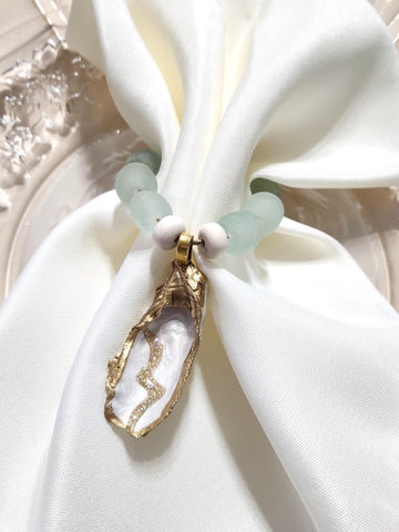 Oyster Shell Napkin Glass Bead Rings - Metallic Pearl/White/Gold w/Clear Aqua Glass Beads/Cream Abacus Wood Bead