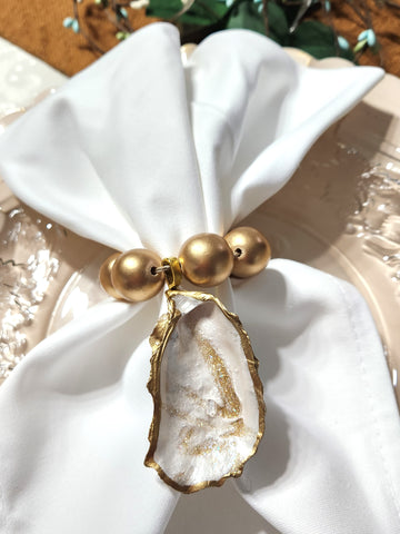 Oyster Shell Napkin Wood Bead Rings - Metallic Pearl/White/Gold w/Gold Natural Wood Beads