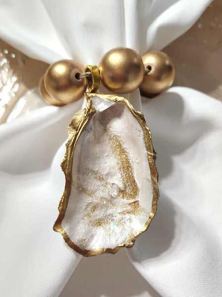 Oyster Shell Napkin Wood Bead Rings - Metallic Pearl/White/Gold w/Gold Natural Wood Beads