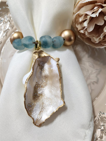 Oyster Shell Blue Wave Marine Glass Bead Napkin Rings - Champagne/Pearl White Gold