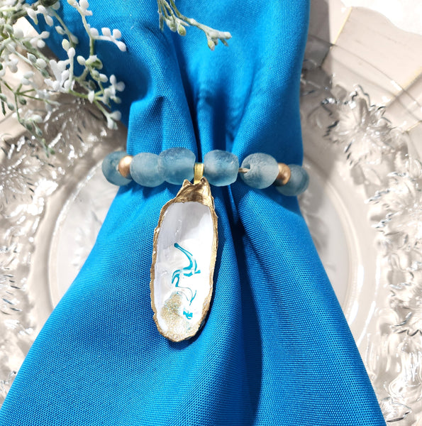 Oyster Shell Blue Wave Marine Glass Bead Napkin Rings - Pearl White/Aqua Gold