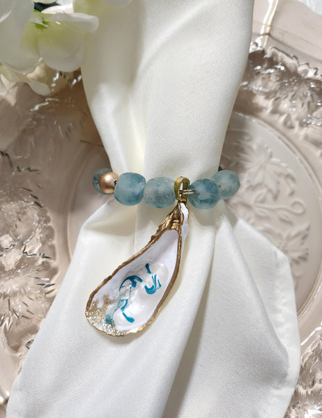 Oyster Shell Blue Wave Marine Glass Bead Napkin Rings - Pearl White/Aqua Gold