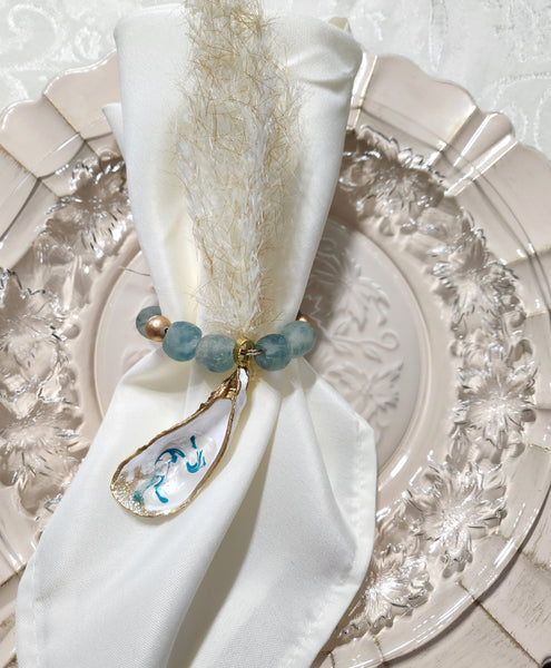 Oyster Shell Blue Wave Marine Glass Bead Napkin Rings - Pearl White/Aqua Gold