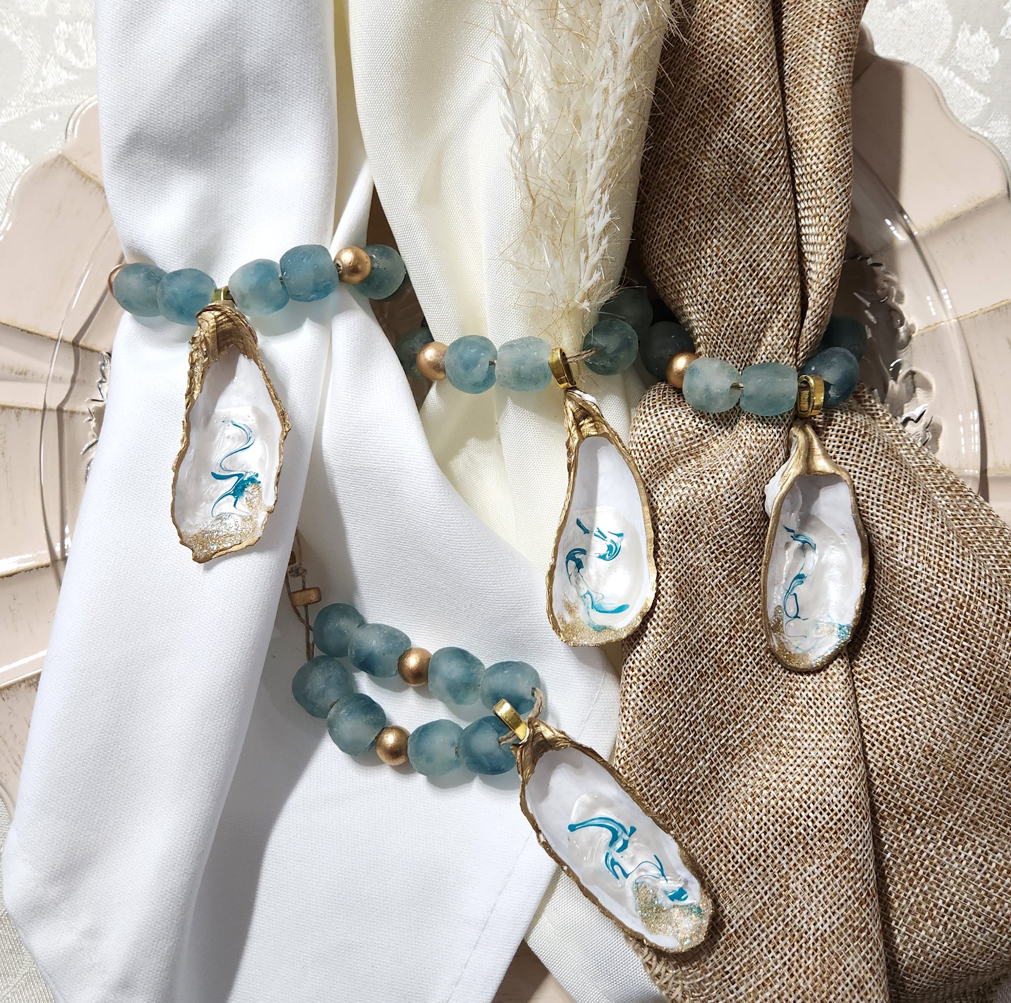 Oyster Shell Blue Wave Marine Glass Bead Napkin Rings - Pearl White/Aqua Gold