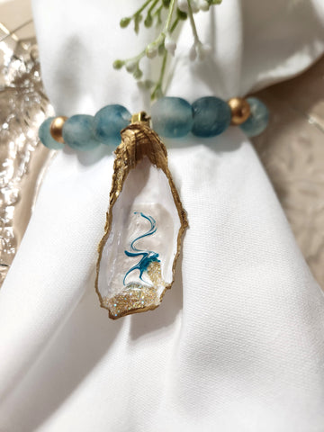 Oyster Shell Blue Wave Marine Glass Bead Napkin Rings - Pearl White/Aqua Gold