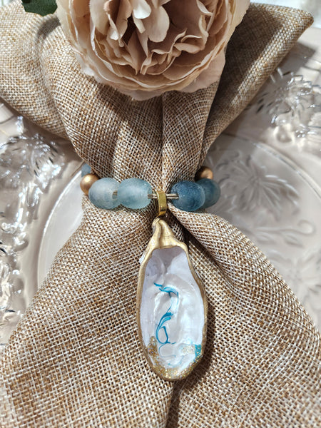 Oyster Shell Blue Wave Marine Glass Bead Napkin Rings - Pearl White/Aqua Gold