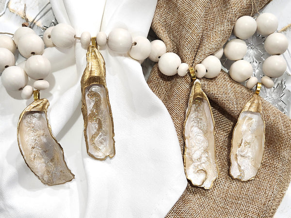 Oyster Shell Cream Wood Bead Napkin Rings - Champagne & Gold