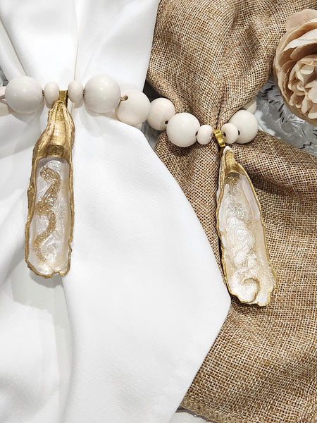 Oyster Shell Cream Wood Bead Napkin Rings - Champagne & Gold