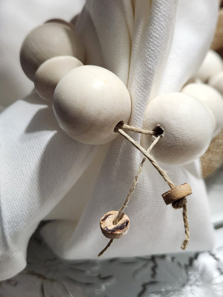 Oyster Shell Cream Wood Bead Napkin Rings - Champagne & Gold