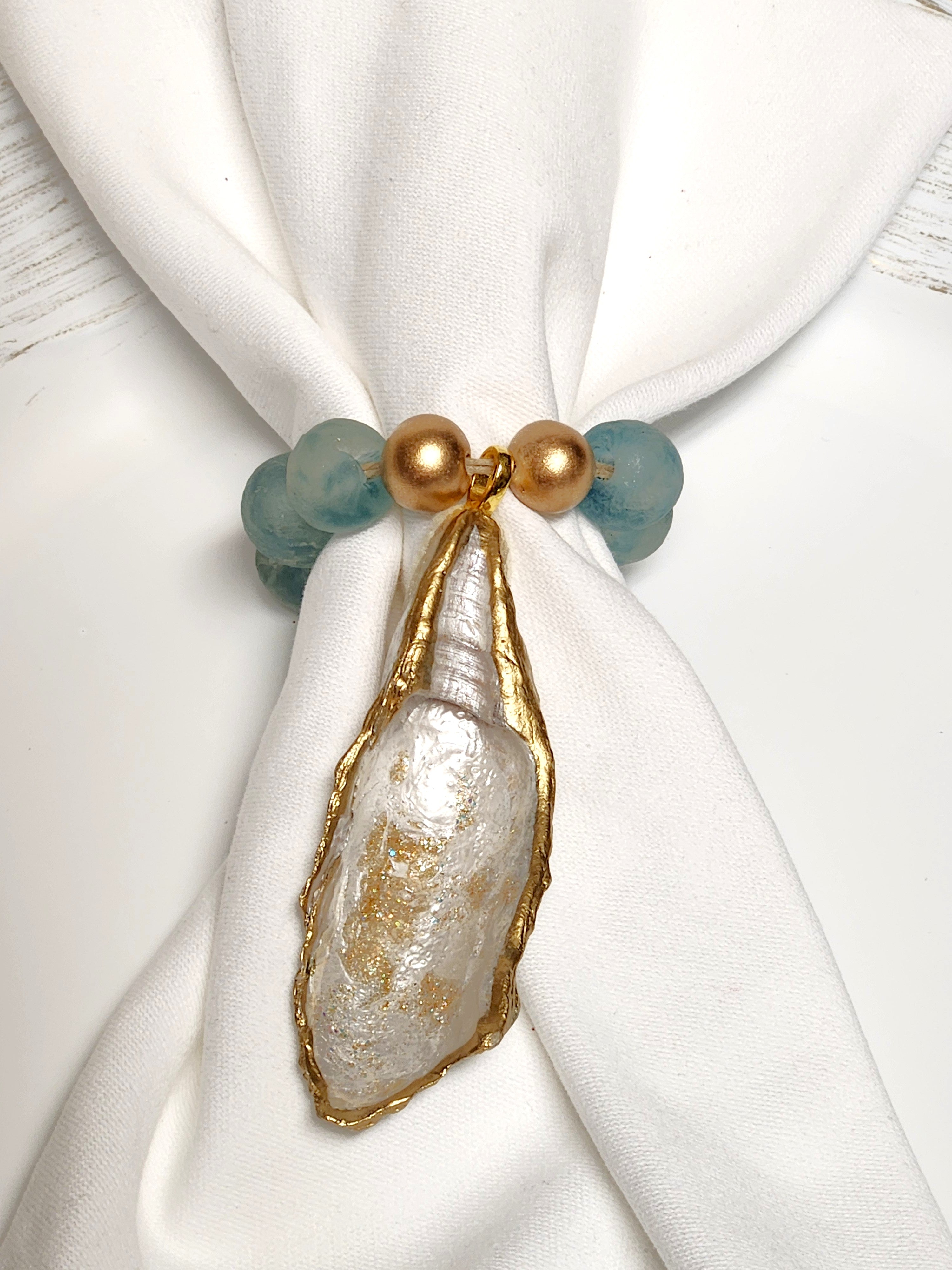 Artisan Glass Bead Edition: Hand-Painted Oyster Shell Napkin Rings - Blue Wave Marine Glass Beads (Set of 4 or 6)