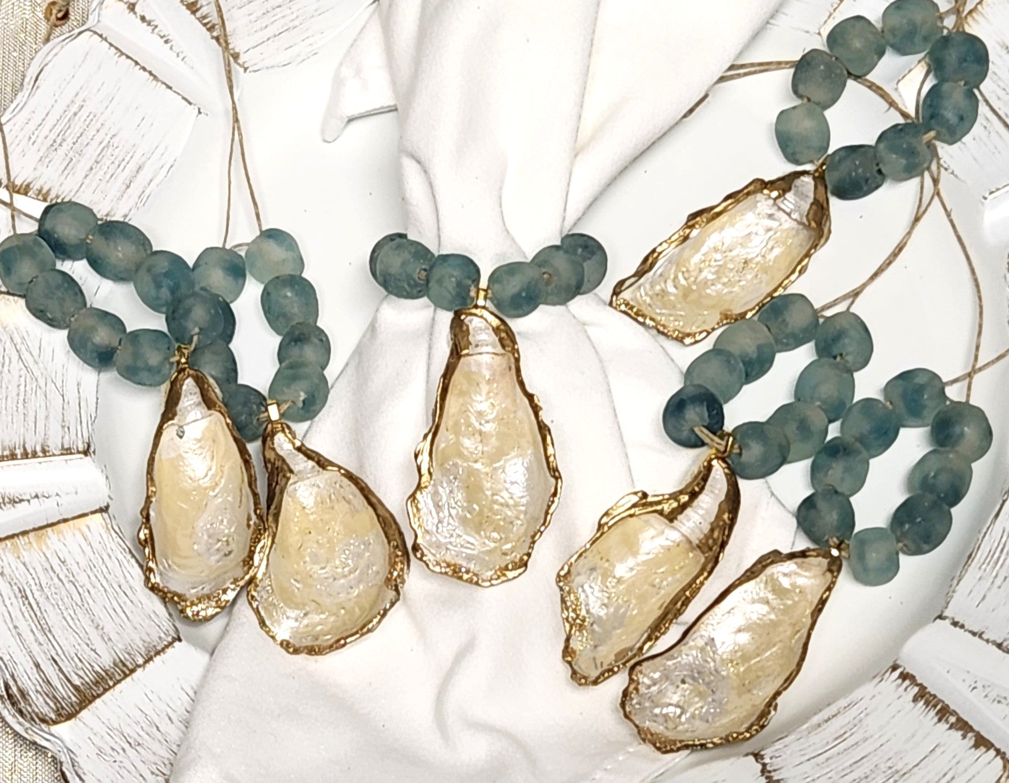 Artisan Glass Bead Edition: Hand-Painted Oyster Shell Napkin Rings - Blue Wave Marine Glass Beads (Set of 4 or 6)