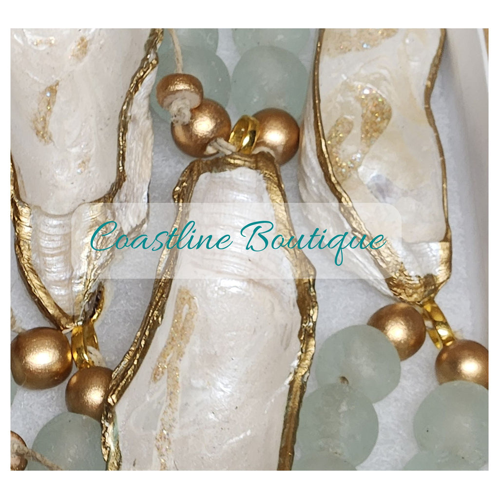 Artisan Glass Bead Edition: Hand-Painted Oyster Shell Napkin Rings - (Set of 4 or 6, Clear Aqua)
