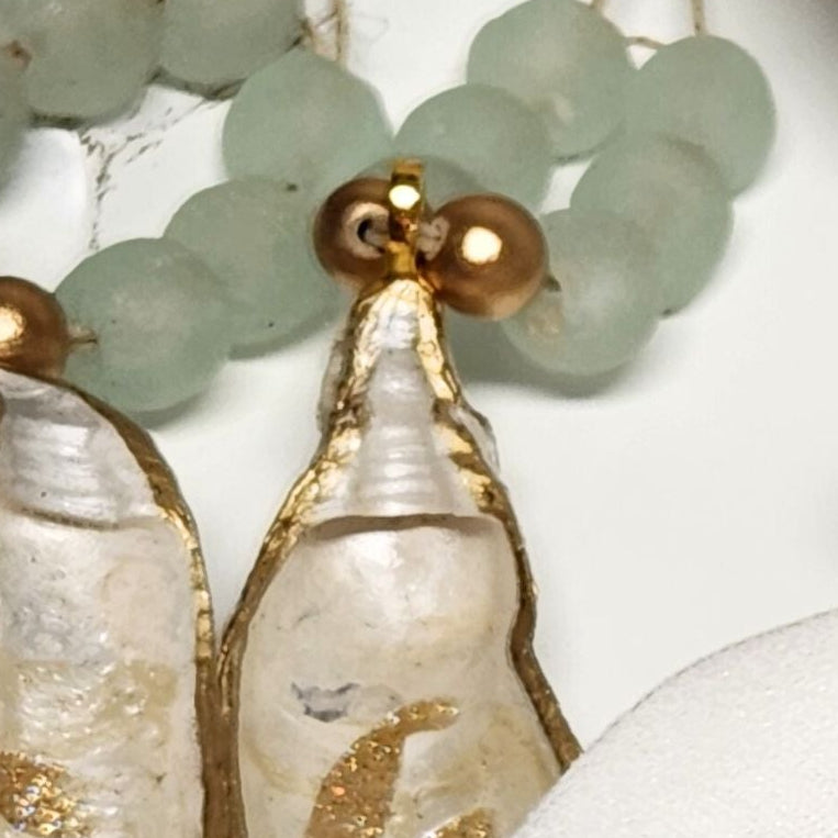 Artisan Glass Bead Edition: Hand-Painted Oyster Shell Napkin Rings - Clear Aqua Glass Beads (Set of 4 or 6)
