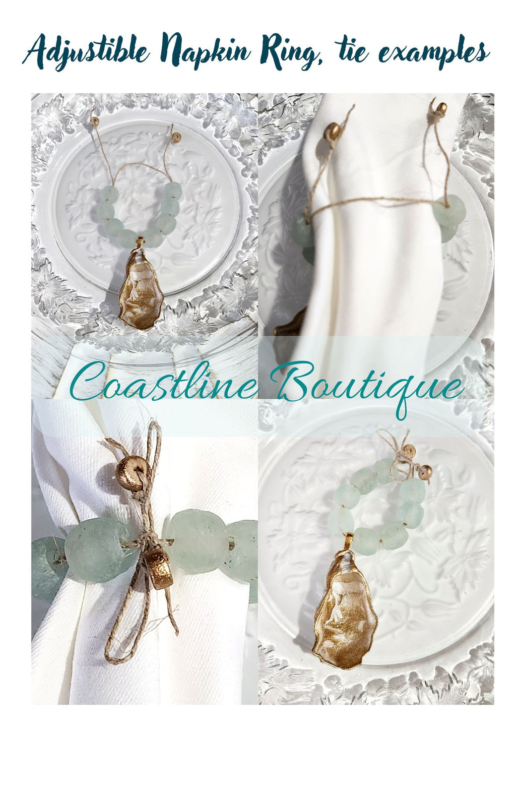 Artisan Glass Bead Edition: Hand-Painted Oyster Shell Napkin Rings - (Set of 4 or 6, Clear Aqua)