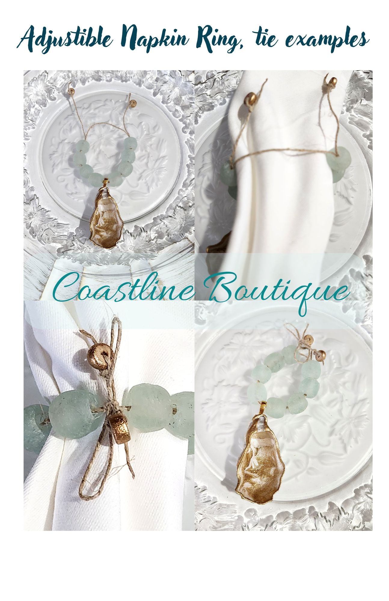 Artisan Glass Bead Edition: Hand-Painted Oyster Shell Napkin Rings - Clear Aqua Glass Beads (Set of 4 or 6)