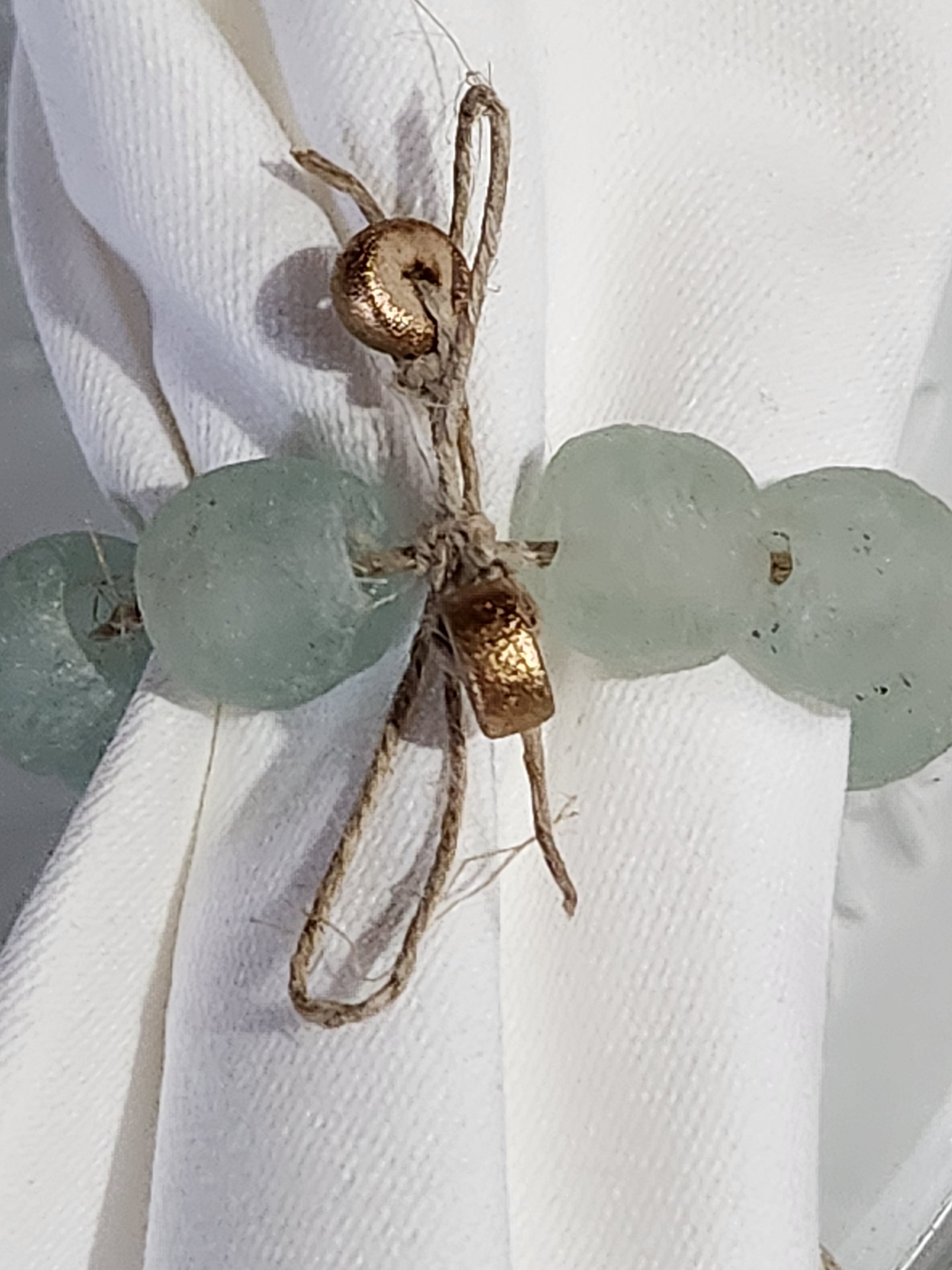 Artisan Glass Bead Edition: Hand-Painted Oyster Shell Napkin Rings - Clear Aqua Glass Beads (Set of 4 or 6)