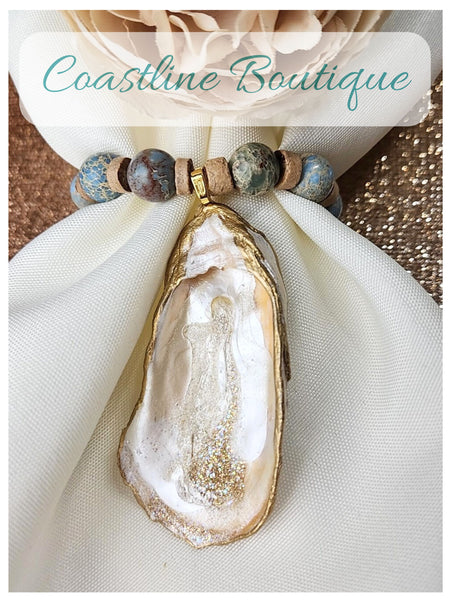 Oyster Shell Napkin Blue Jasper Stone Bead Rings - Pearl Champagne Gold