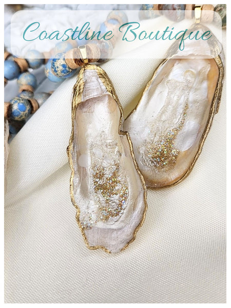 Oyster Shell Napkin Blue Jasper Stone Bead Rings - Pearl Champagne Gold