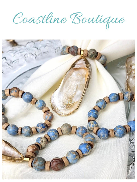 Oyster Shell Napkin Blue Jasper Stone Bead Rings - Pearl Champagne Gold