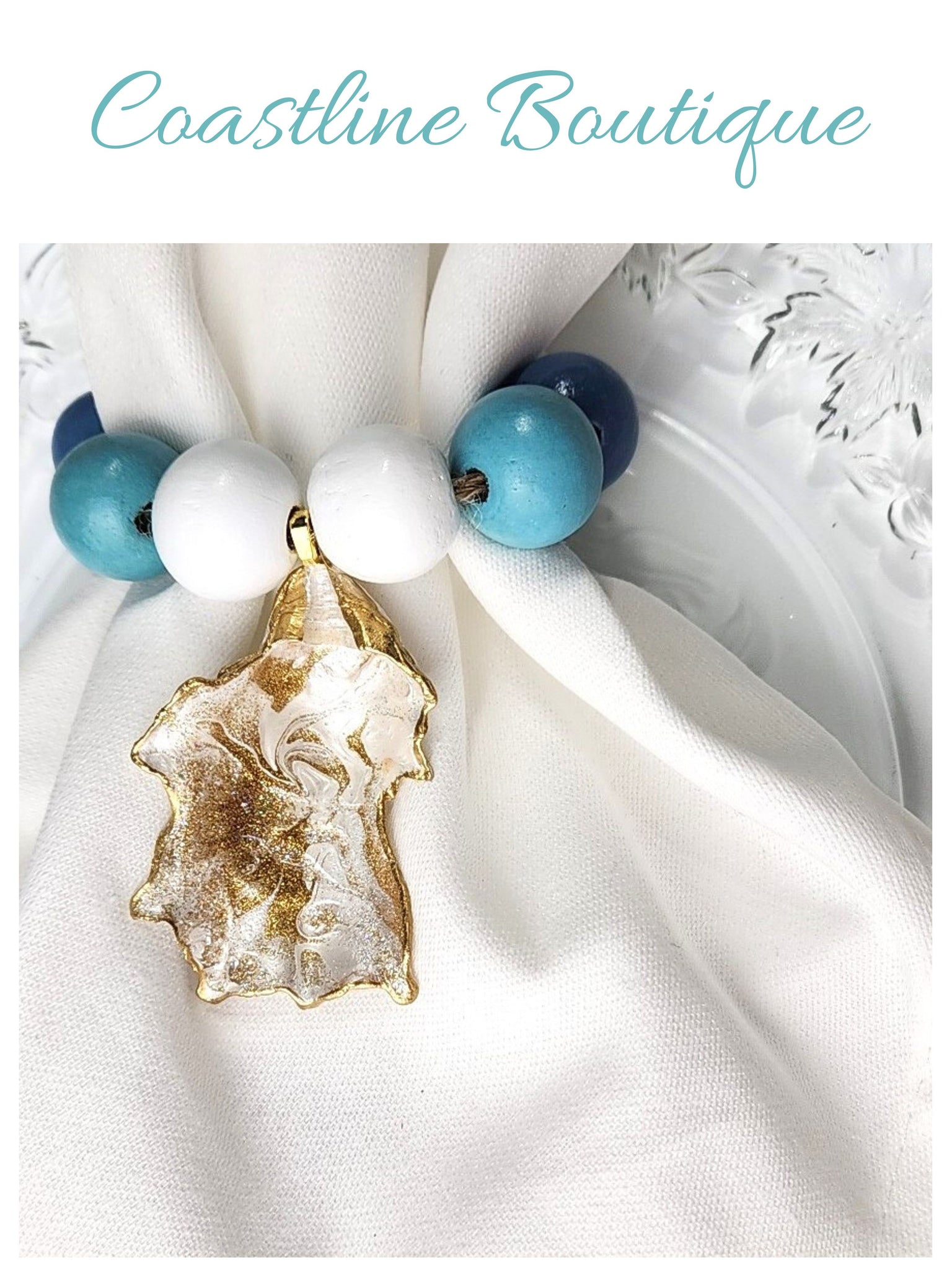 Oyster Shell Shades of Blue Wood Bead Napkin Rings - Pearl Lace Gold