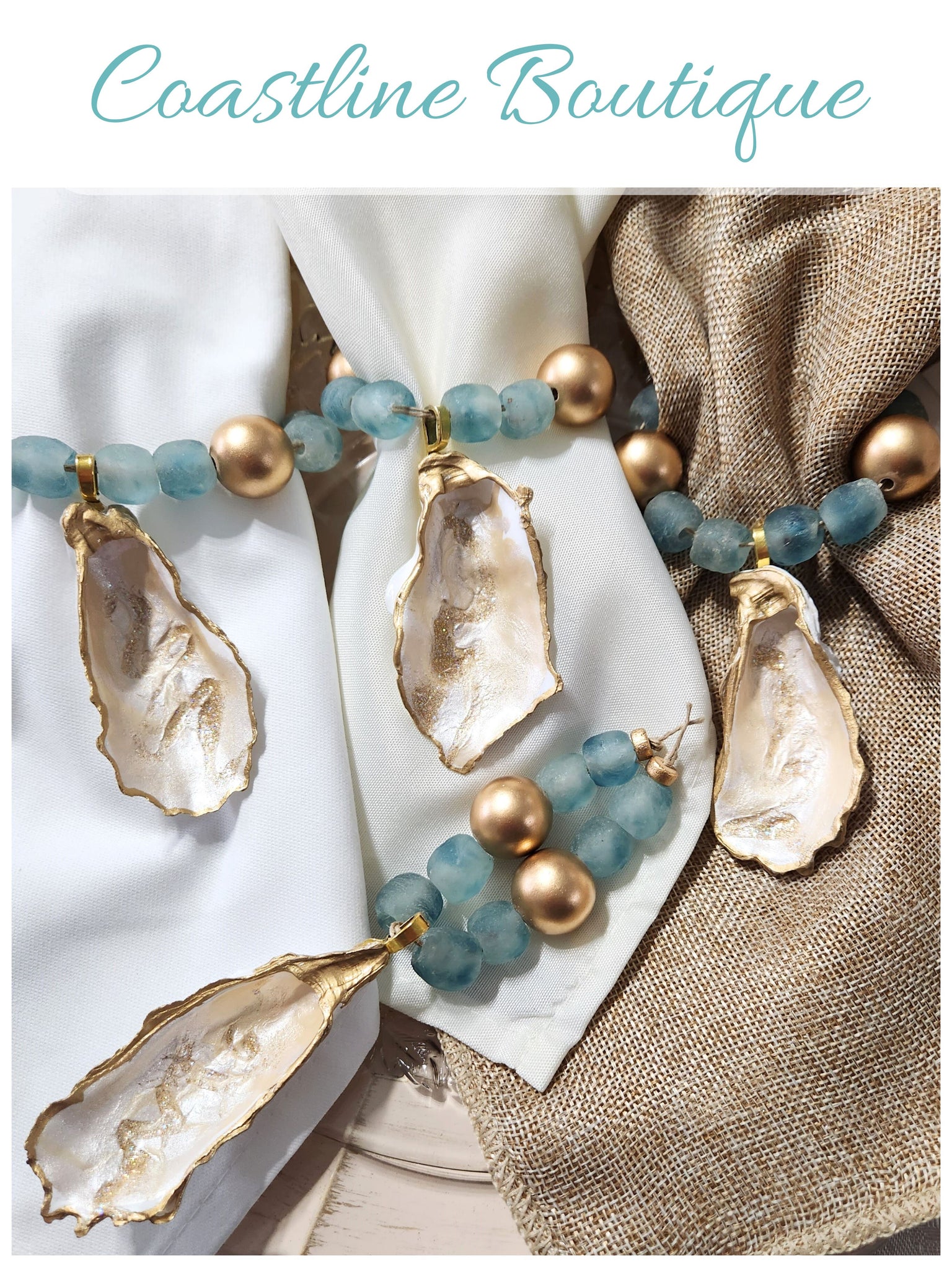 Oyster Shell Blue Wave Marine Glass Bead Napkin Rings - Champagne/Pearl White Gold