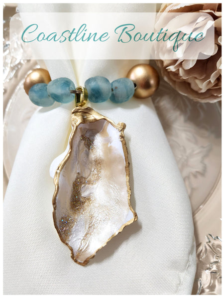 Oyster Shell Blue Wave Marine Glass Bead Napkin Rings - Champagne/Pearl White Gold