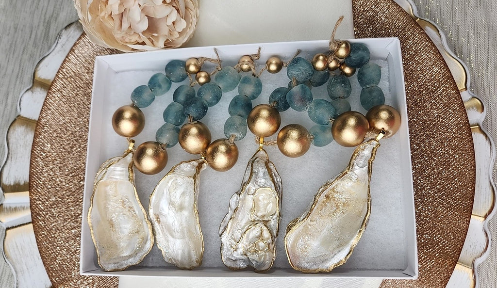 Artisan Glass Bead Edition: Hand-Painted Oyster Shell Napkin Rings - (Set of 4 or 6, Blue Wave Marine)