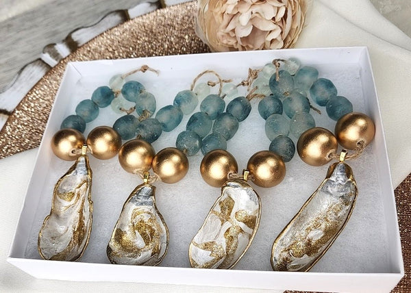 Oyster Shell Blue Wave Marine Glass Bead Napkin Rings