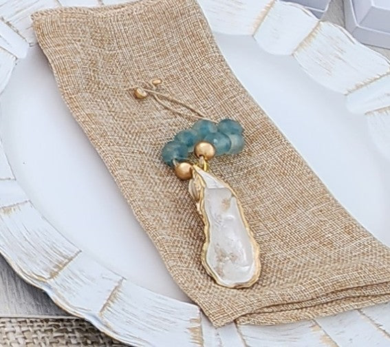 Artisan Glass Bead Edition: Hand-Painted Oyster Shell Napkin Rings - (Set of 4 or 6, Blue Wave Marine)