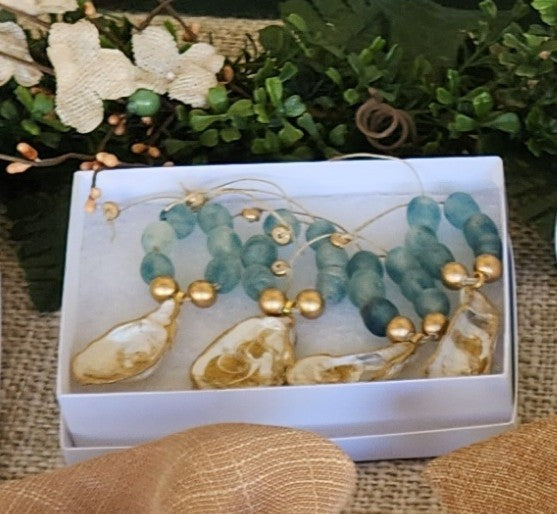 Artisan Glass Bead Edition: Hand-Painted Oyster Shell Napkin Rings - Blue Wave Marine Glass Beads (Set of 4 or 6)