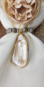 Oyster Shell Napkin Blue Jasper Stone Bead Rings - Pearl Champagne Gold