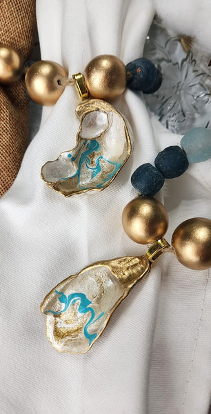 Oyster Shell Napkin Glass/Wood Bead Rings - Pearl Champagne Aqua Gold