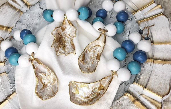 Oyster Shell Shades of Blue Wood Bead Napkin Rings - Pearl Lace Gold