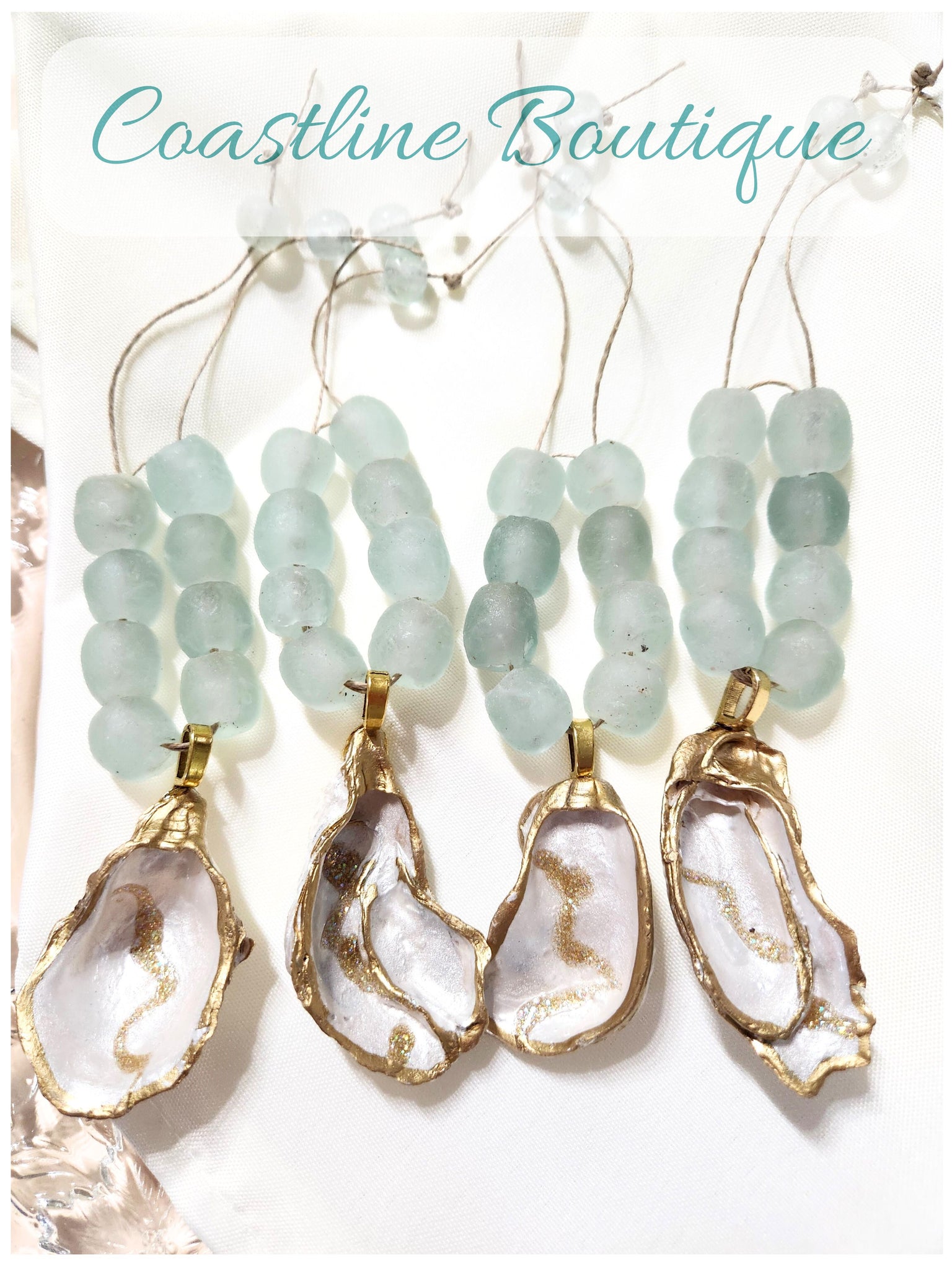 Oyster Shell Napkin Glass Bead Rings - Metallic Pearl/White/Gold w/Clear Aqua Glass Beads