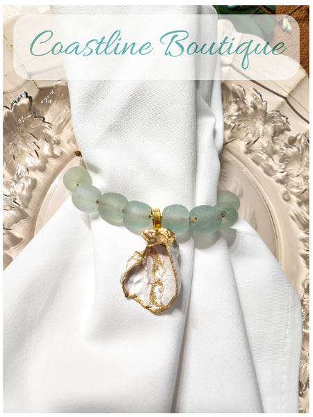 Oyster Small Shell Napkin Glass Bead Rings - Metallic Pearl/White/Gold w/Clear Aqua Glass Beads