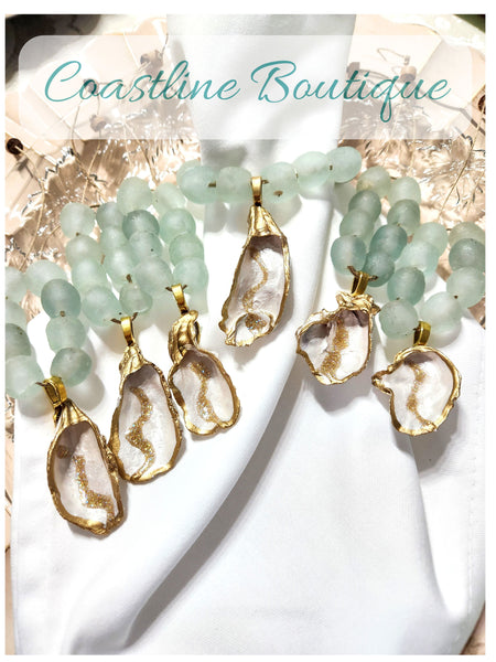 Oyster Small Shell Napkin Glass Bead Rings - Metallic Pearl/White/Gold w/Clear Aqua Glass Beads