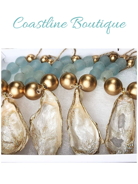 Oyster Shell Napkin Glass/Wood Bead Rings - Pearl Champagne Gold w/Clear Aqua Glass Beads