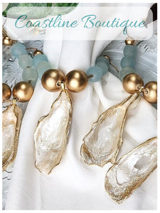 Oyster Shell Napkin Glass/Wood Bead Rings - Pearl Champagne Gold w/Clear Aqua Glass Beads