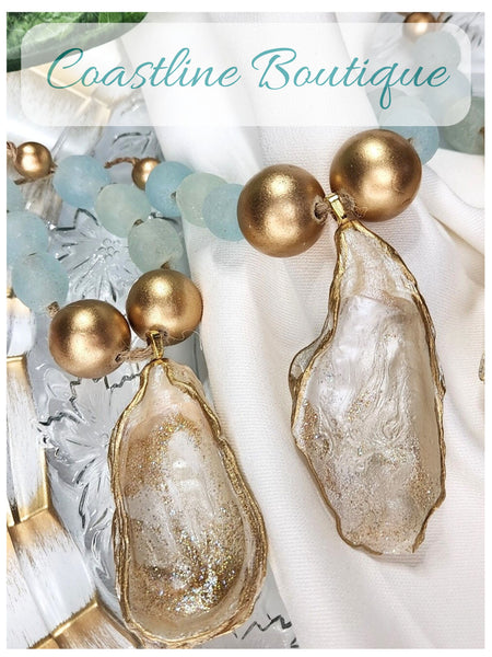 Oyster Shell Napkin Glass/Wood Bead Rings - Pearl Champagne Gold w/Clear Aqua Glass Beads