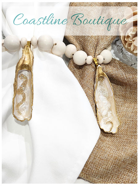 Oyster Shell Cream Wood Bead Napkin Rings - Champagne & Gold