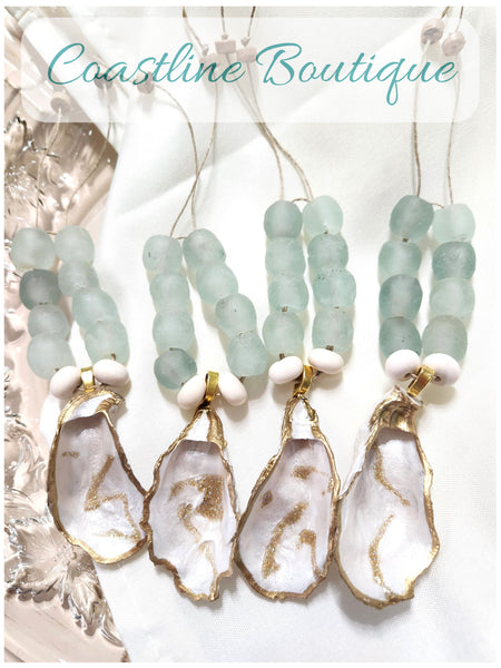 Oyster Shell Napkin Glass Bead Rings - Metallic Pearl/White/Gold w/Clear Aqua Glass Beads/Cream Abacus Wood Bead