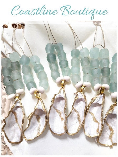 Oyster Shell Napkin Glass Bead Rings - Metallic Pearl/White/Gold w/Clear Aqua Glass Beads/Cream Abacus Wood Bead