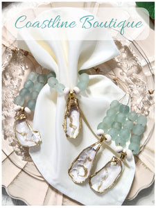 Oyster Shell Napkin Glass Bead Rings - Metallic Pearl/White/Gold w/Clear Aqua Glass Beads/Cream Abacus Wood Bead