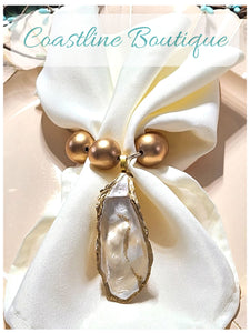 Oyster Shell Napkin Gold Wood Bead Rings - Champagne Pearl White Gold